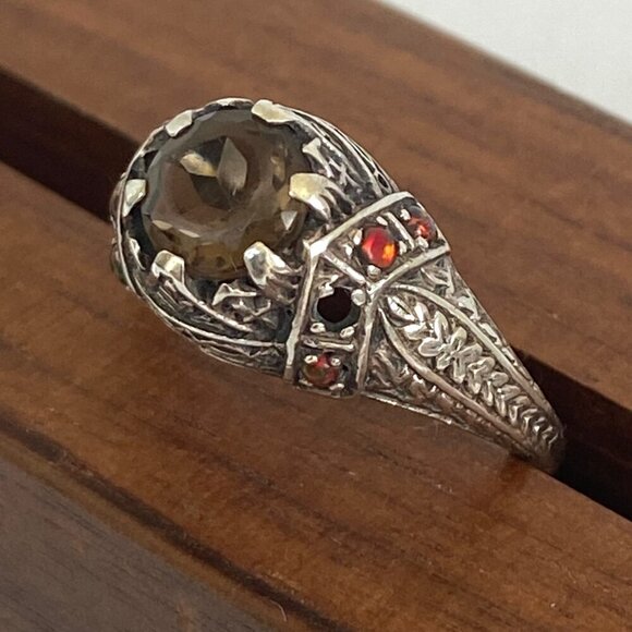 Sterling Silver 925 Dainty Round Smoky Quartz & Opal Accent Ring MISSING STONE - Picture 7 of 16